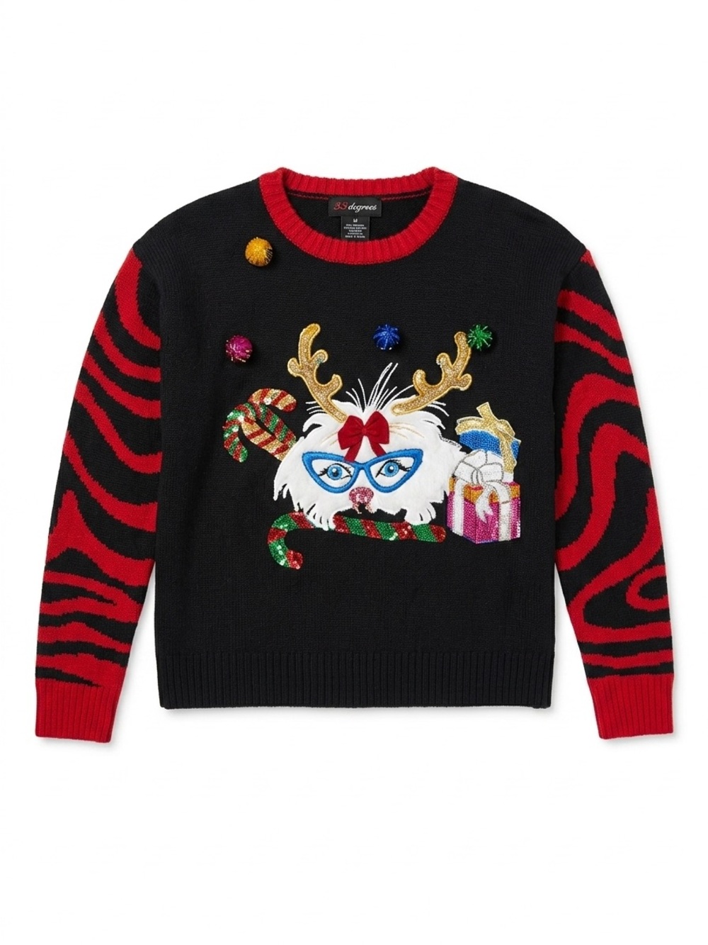 Ugly Christmas Sweater Cat Reindeer Pom Pom Holiday Sweater Women’s Medium - Picture 3 of 8